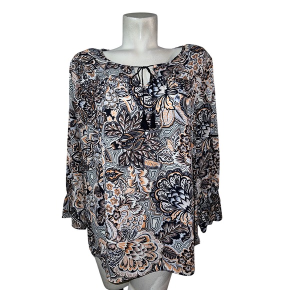Zac & Rachel Tops - Zac & Rachel Womens Tunic Blouse XL Black Orange Floral Print Tie Neck 3/4 Slv